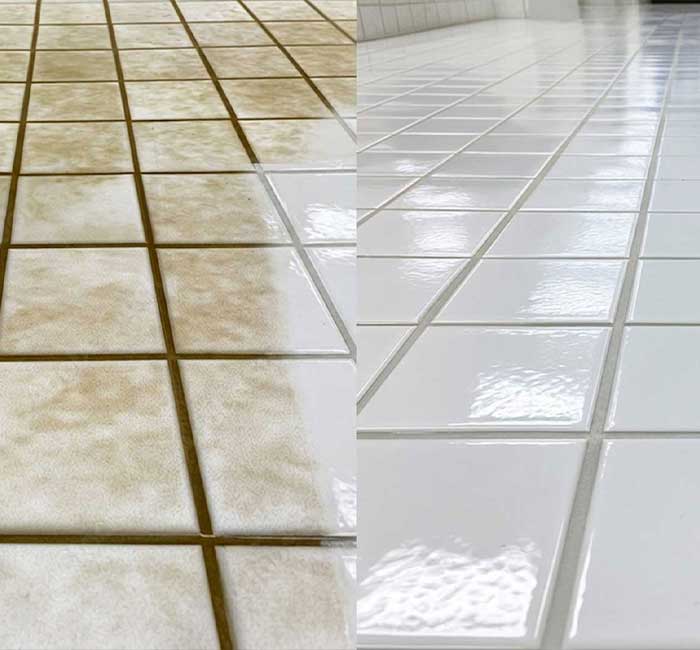 Before and after tile grout from a commercial tile and grout cleaner in Delray Beach