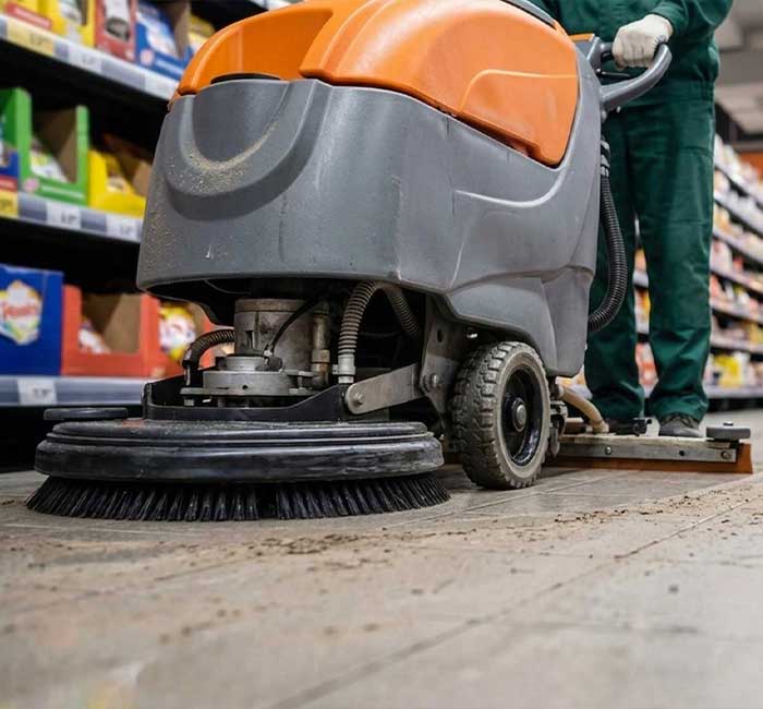 Floor scrubber cleaning a warehouse aisle during commercial floor cleaning in Fort Lauderdale