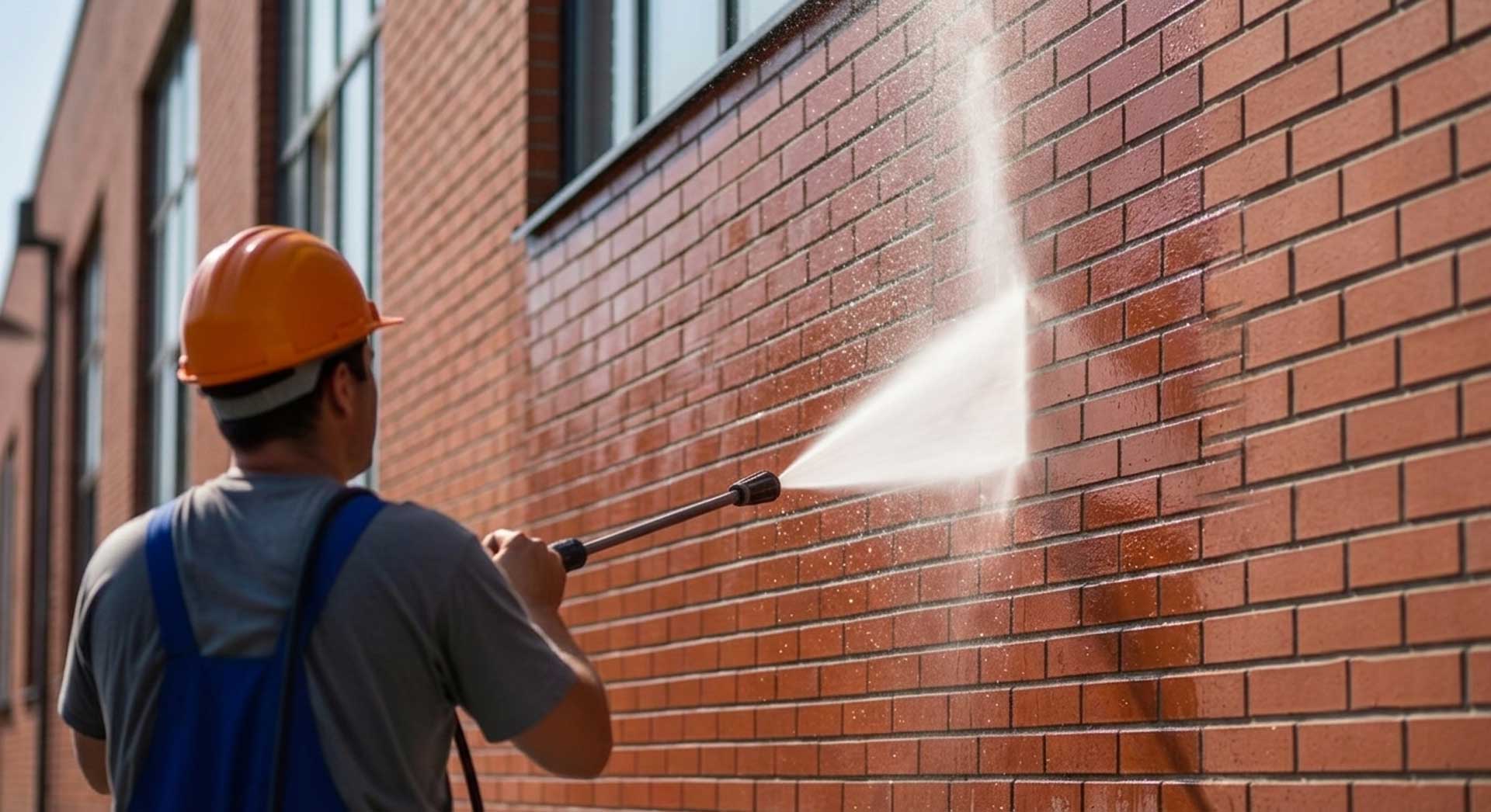 Worker pressure washing a brick wall during commercial pressure cleaning in Plantation