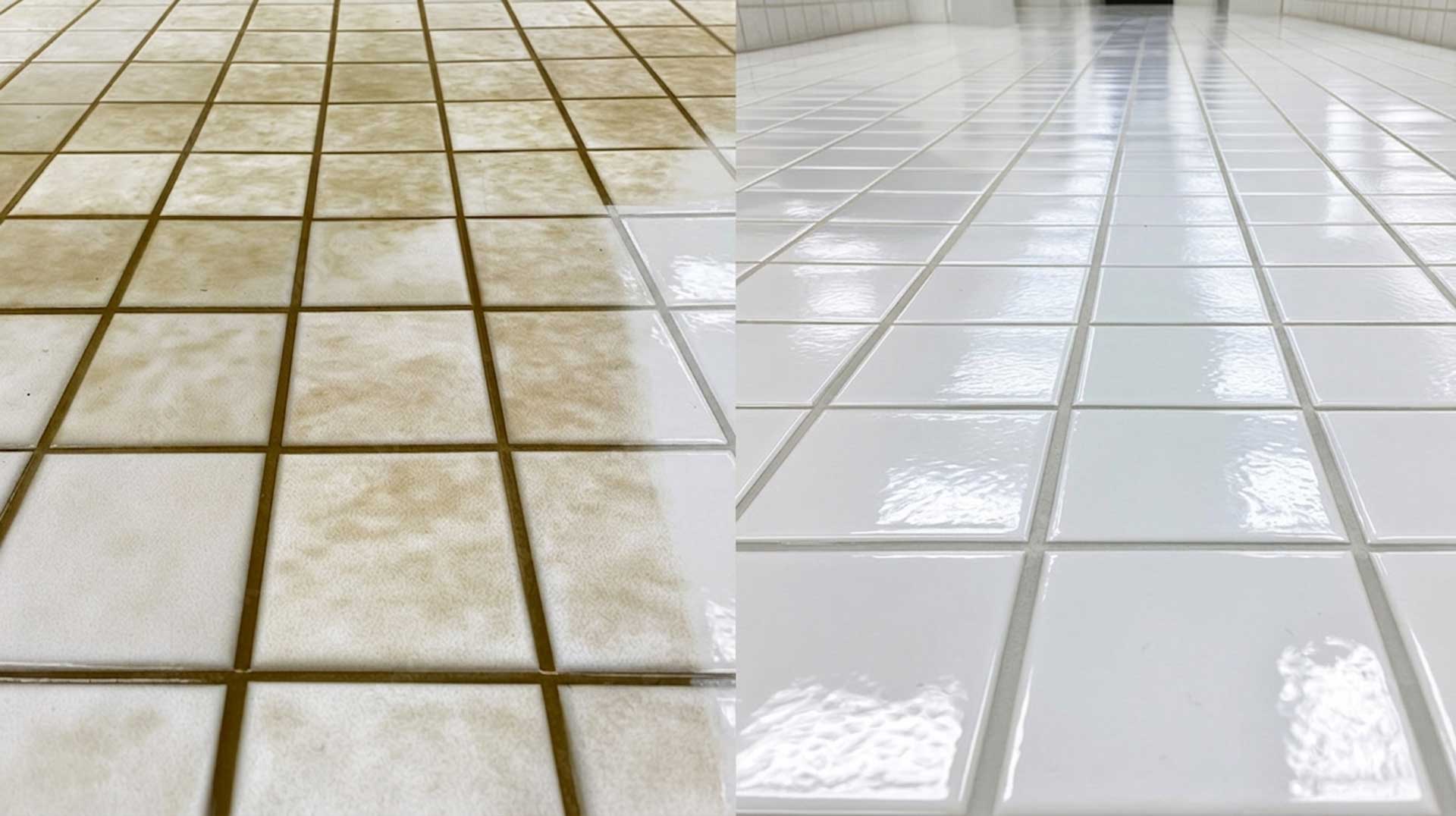 Before and after tile from a commercial tile and grout cleaner in Coral Springs