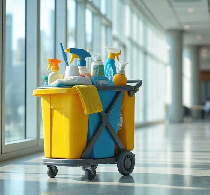 Clean lobby with a janitorial cart for janitorial services in Fort Lauderdale