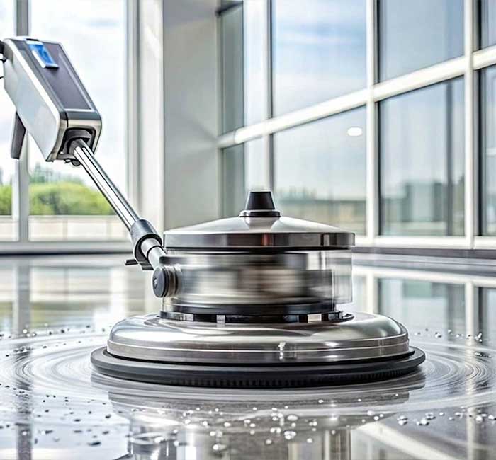 Floor polishing machine on a glossy floor during commercial floor waxing in Coral Springs