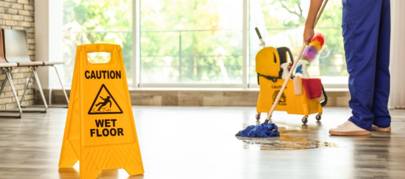 Mopping a restroom floor beside a wet floor sign during janitorial services in Delray Beach