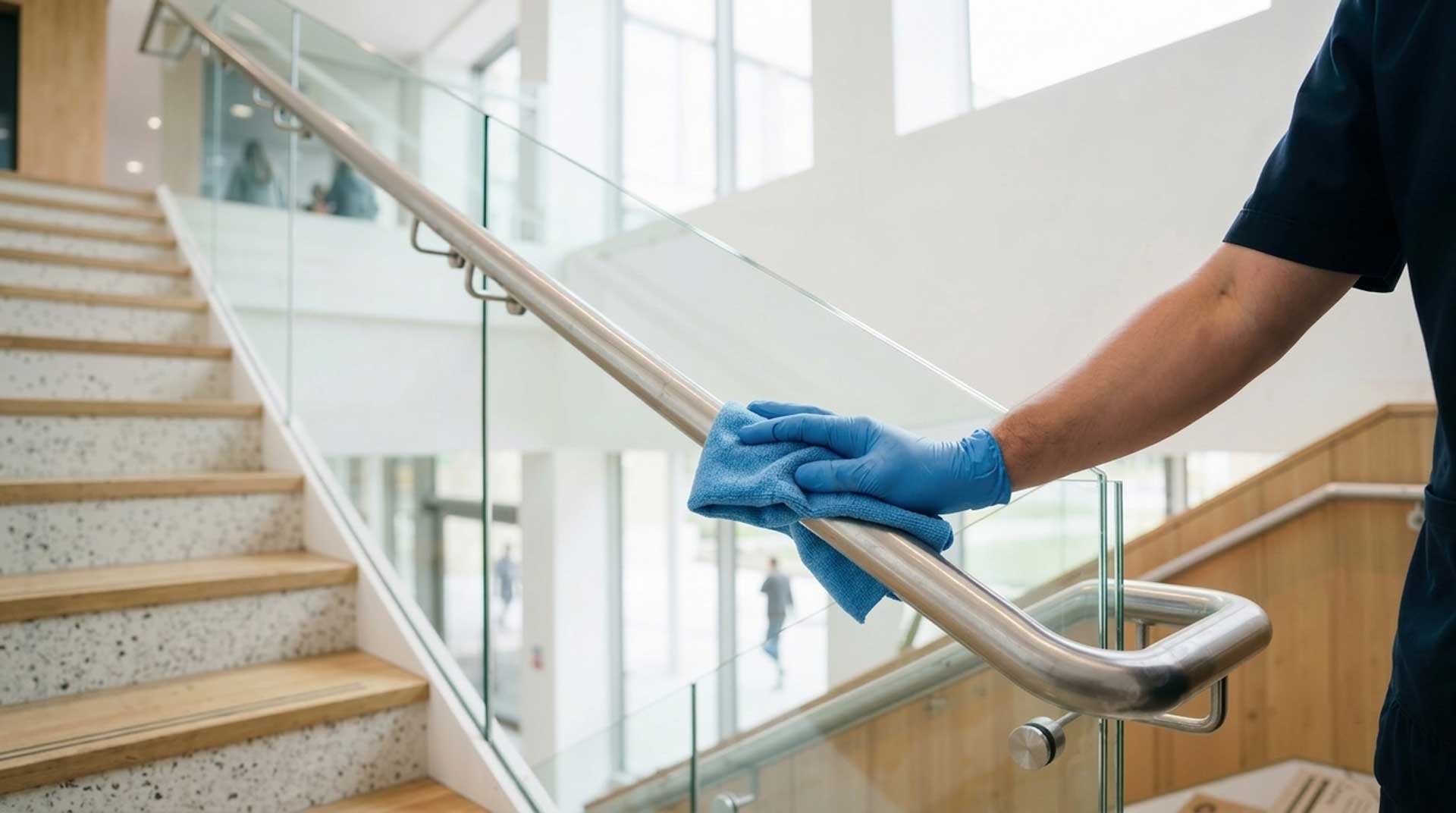 Gloved hand wiping a stair railing during janitorial services in Delray Beach