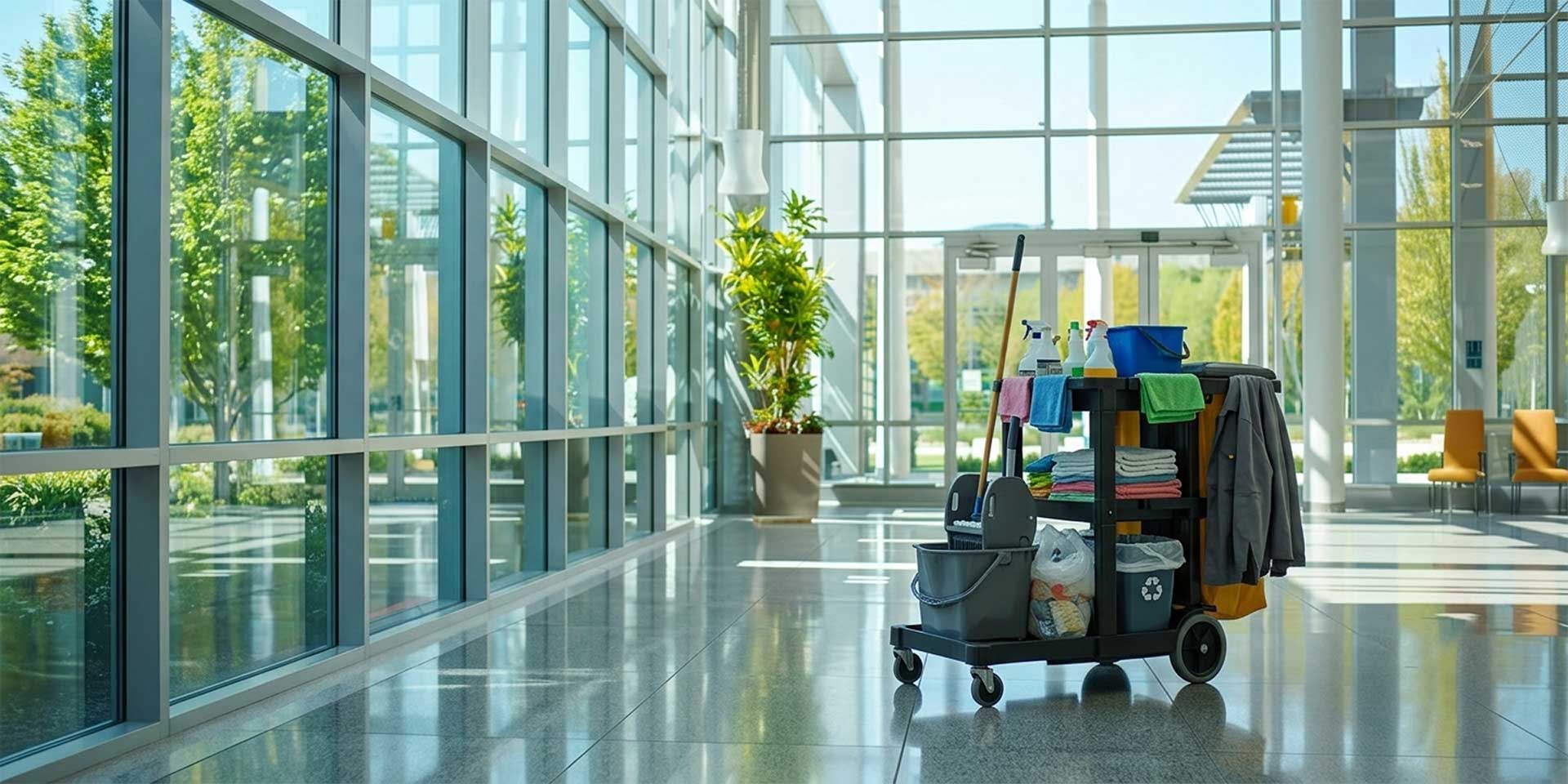 Cleaning cart in a bright lobby for commercial cleaning in Coral Springs