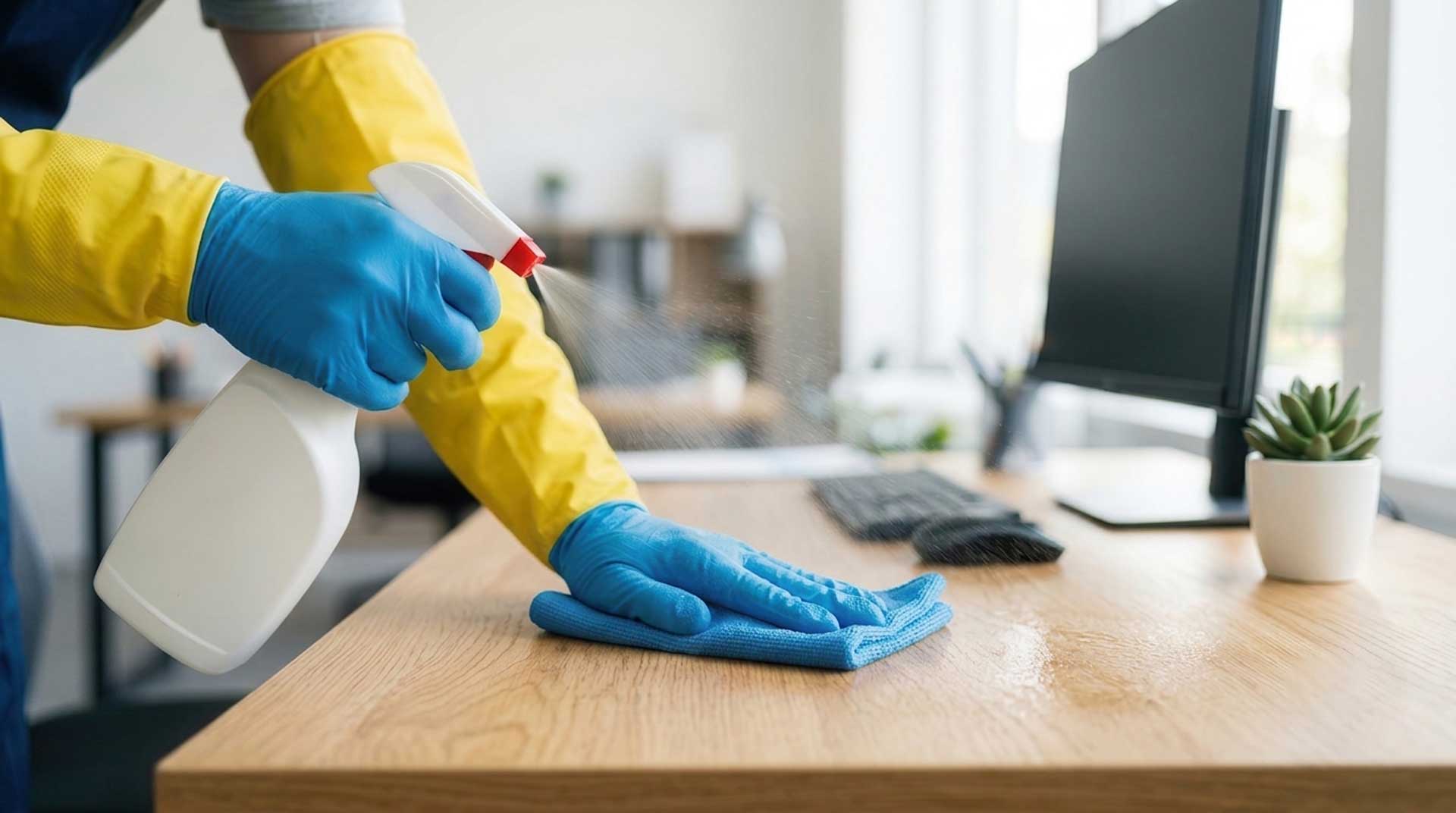 Disinfecting a desk before flu season for an office cleaning company in Pompano Beach