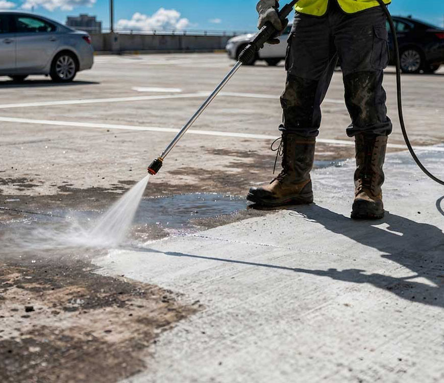 Pressure washing a parking lot during commercial pressure cleaning in Davie