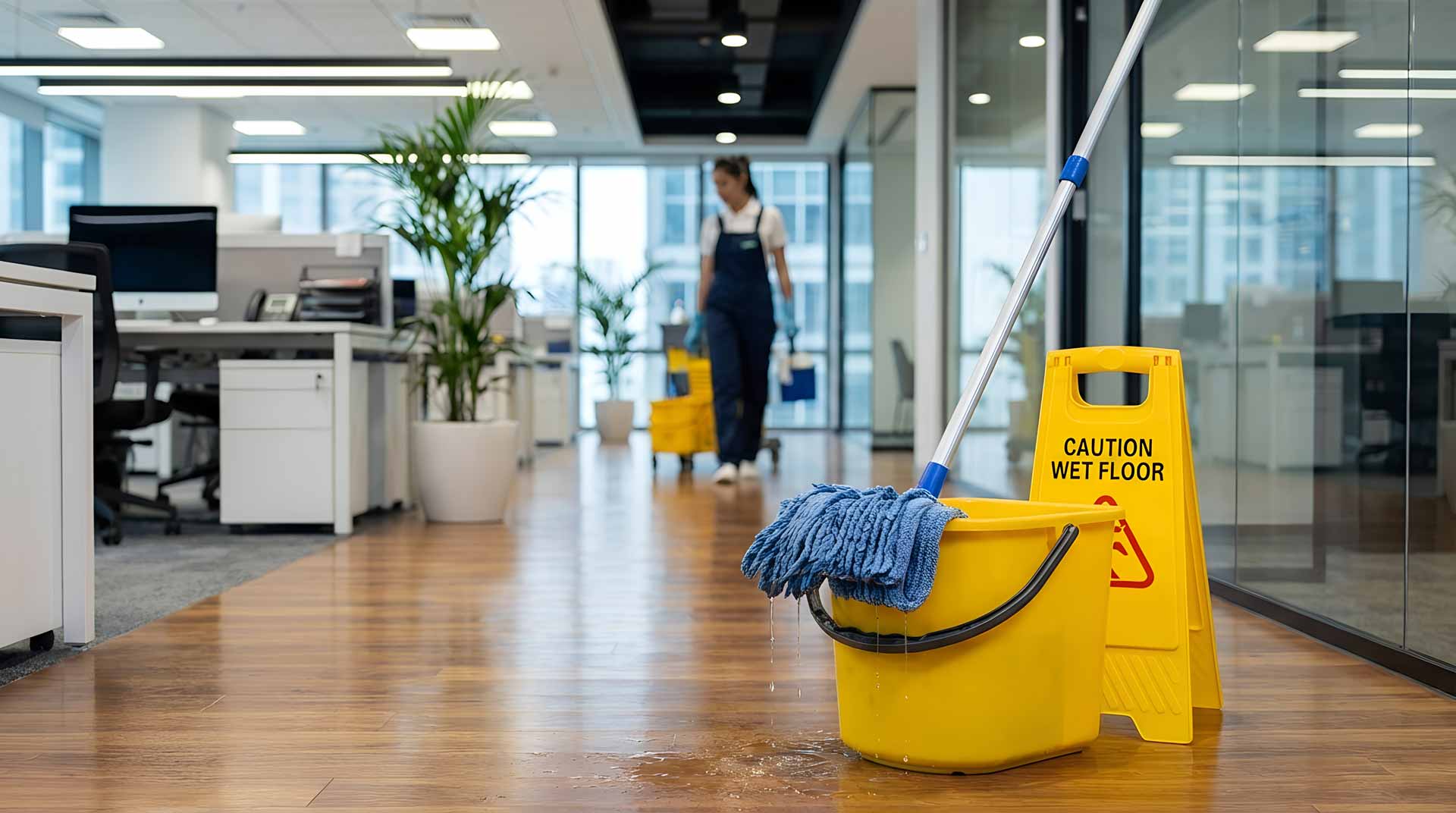 Mop bucket and wet floor sign for restroom janitorial services in Davie