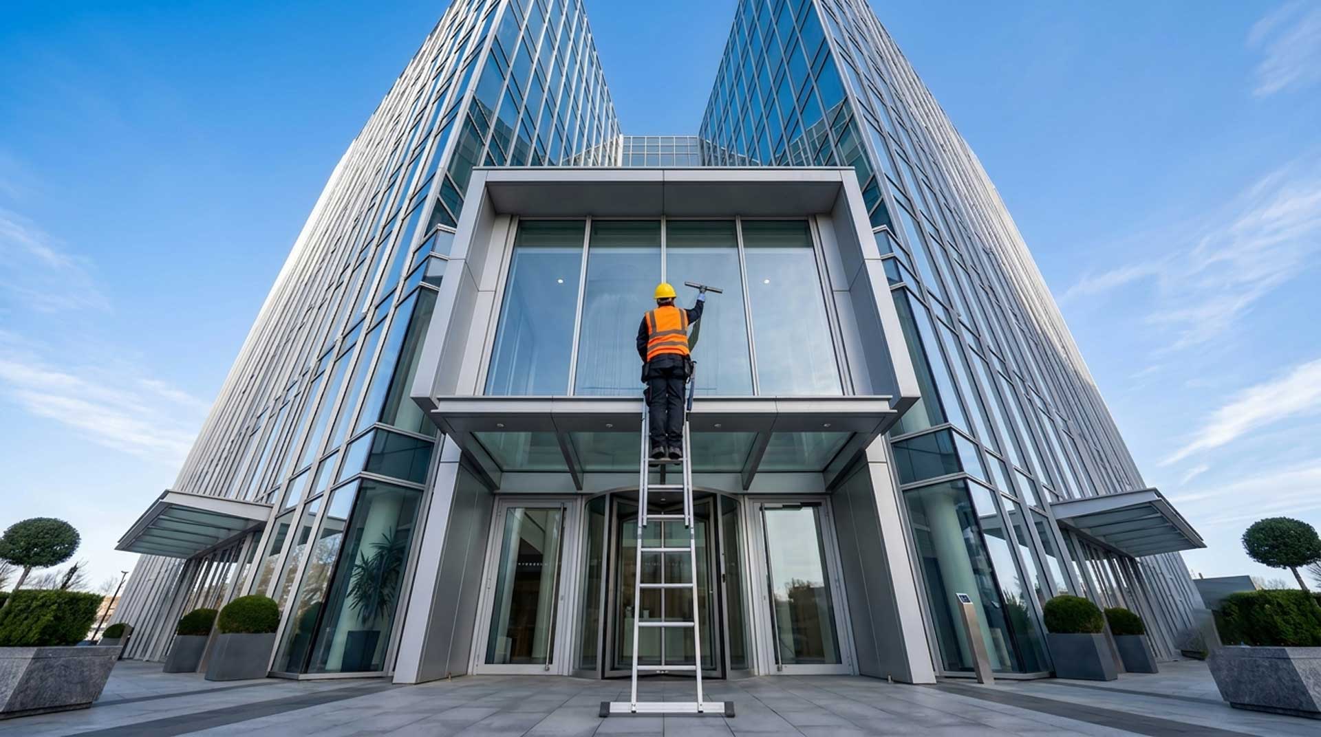 Worker on a ladder during commercial window cleaning at an office in Delray Beach
