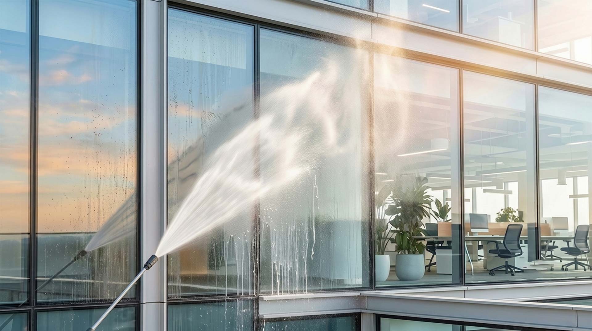 Pressure washing office building glass during commercial pressure cleaning in Davie
