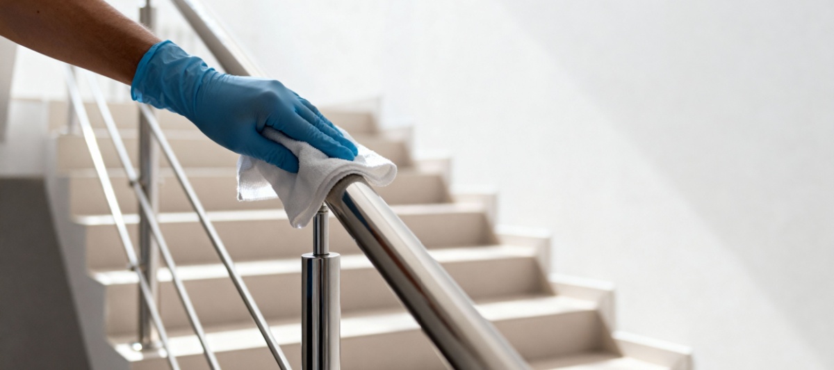 Gloved hand wiping a stair railing during commercial cleaning in Delray Beach