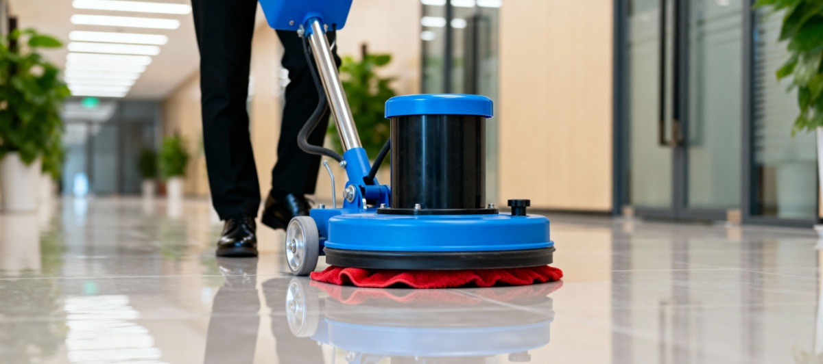 Floor scrubber cleaning an office lobby during commercial floor cleaning in Fort Lauderdale