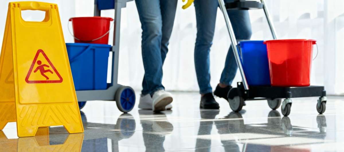 Cleaning crew with mop buckets and a wet floor sign providing janitorial services in Pompano Beach