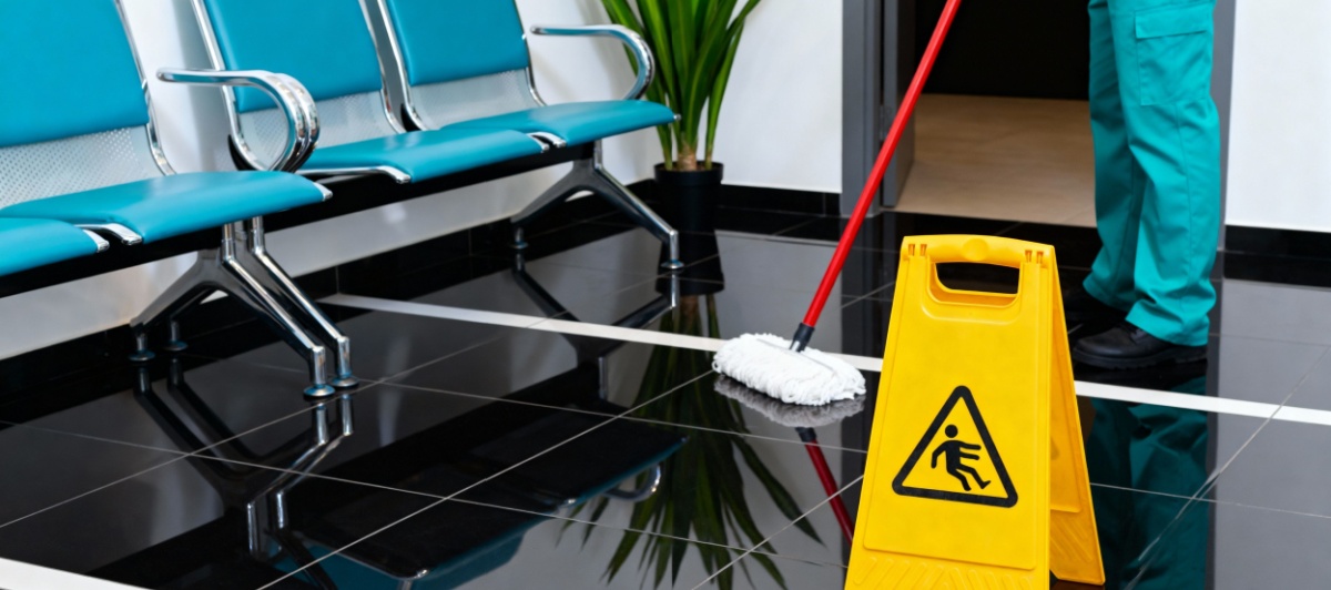 Mopping a waiting room floor beside a wet floor sign during commercial floor cleaning in Davie