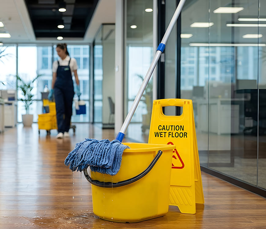 A woman doing commercial floor cleaning in an office in Davie, FL