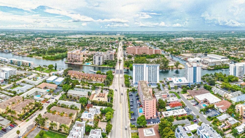 An aerial view of businesses in Pompano Beach, FL