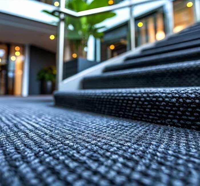 Clean carpeted stairs in a commercial building after commercial cleaning in Coral Springs