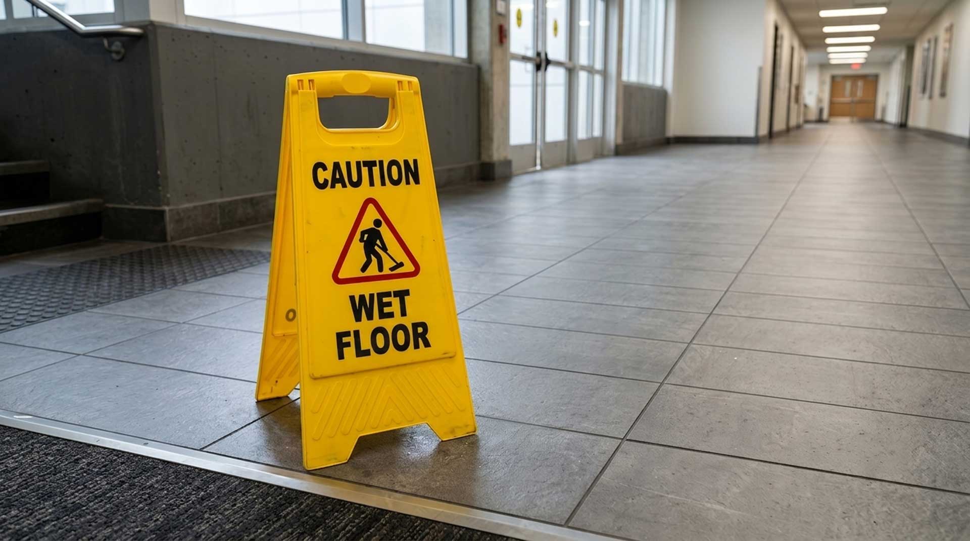 A wet floor sign on a floor that is undergoing commercial cleaning services in Plantation, FL