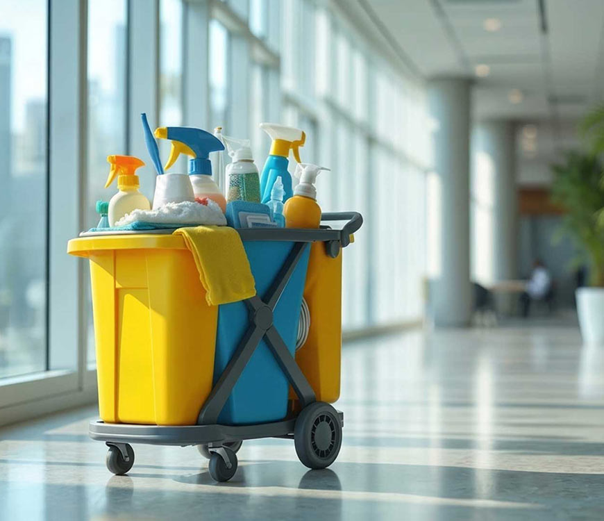 Cart of cleaning supplies in an office lobby for janitorial services in Fort Lauderdale