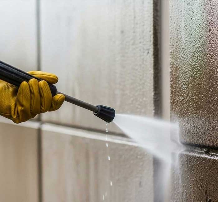 Pressure washer cleaning an exterior wall during commercial pressure cleaning in Davie