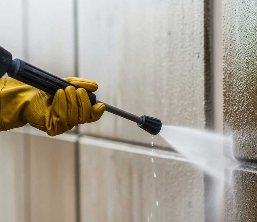 Pressure washer cleaning a wall during commercial pressure cleaning in Fort Lauderdale