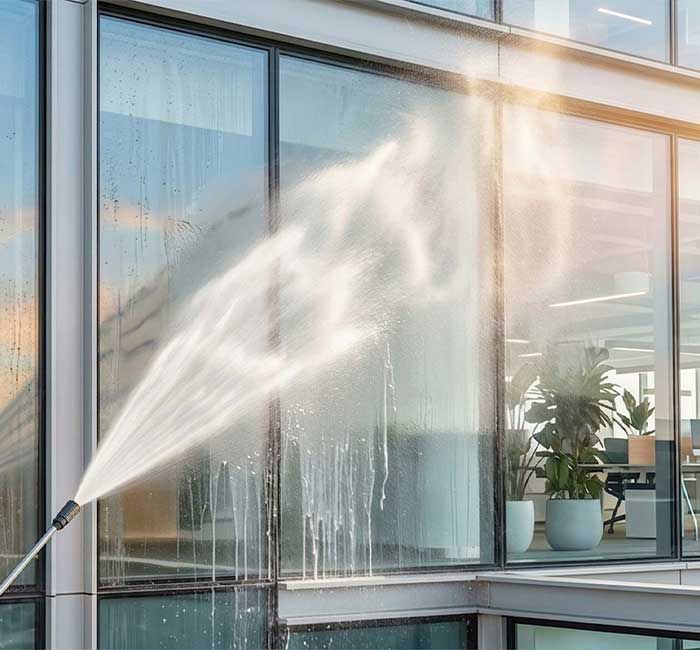 Pressure washing office windows during commercial window cleaning in Delray Beach