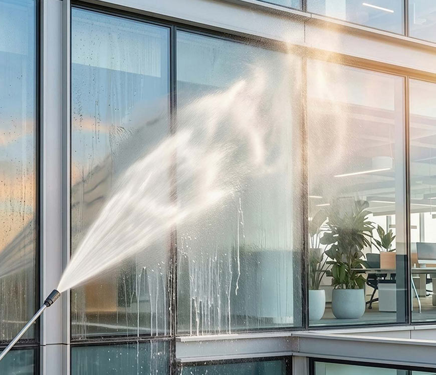 Pressure washing office windows during commercial window cleaning in Plantation