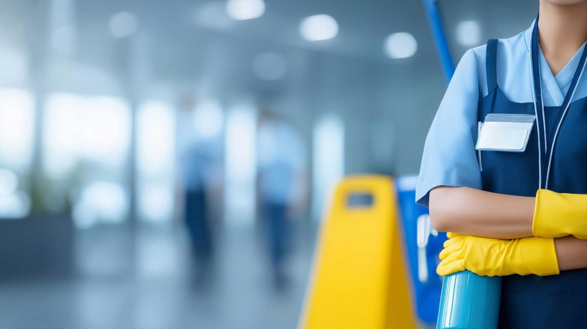 Gloved cleaner in an office ready for commercial cleaning in Pompano Beach