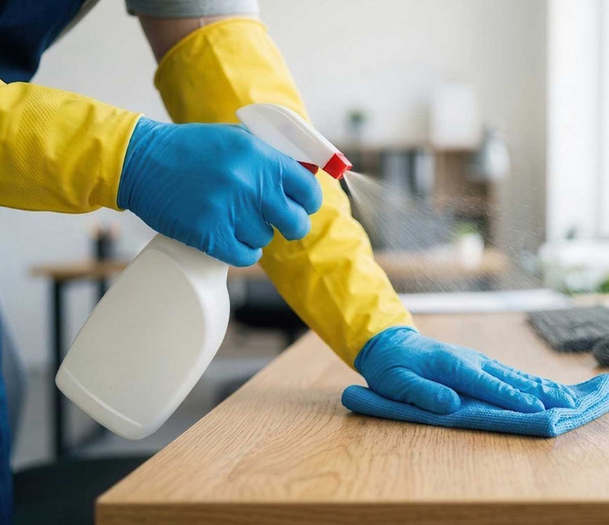 An employee of an office cleaning company disinfecting a desk in Fort Lauderdale, FL