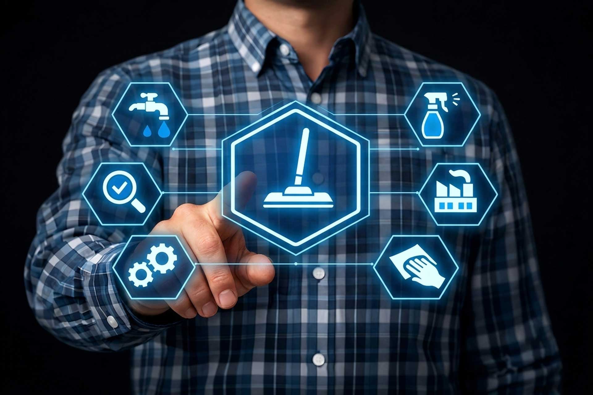 Man touching digital cleaning icons representing janitorial services in Plantation
